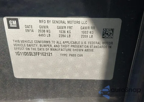 2015 Chevrolet Malibu 2Lt из США, поврежденный, VIN 1G11D5SL3FF162121